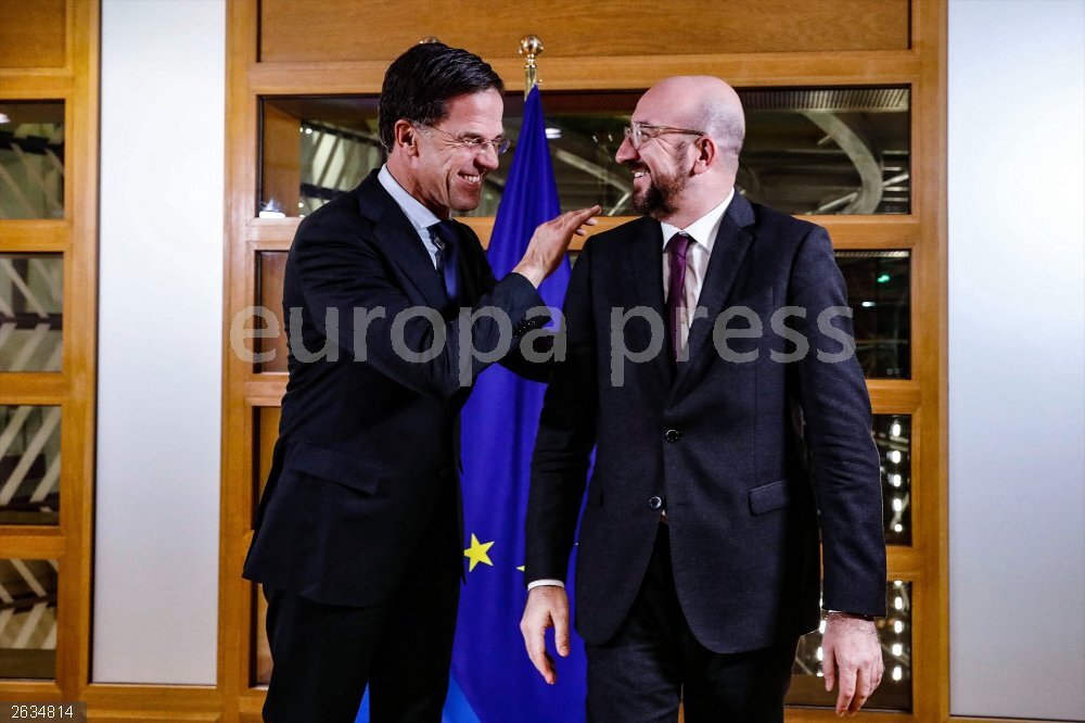 Dutch Prime Minister Mark Rutte in Brussels 05 February 2020, Belgium, Brussels: President of the European Council Charles Michel (R) speaks with Dutch Prime Minister Mark Rutte ahead of their meeting at the European Council. Photo: Dario Pignatelli/EU Council/dpa - ATTENTION: editorial use only and only if the credit mentioned above is referenced in full