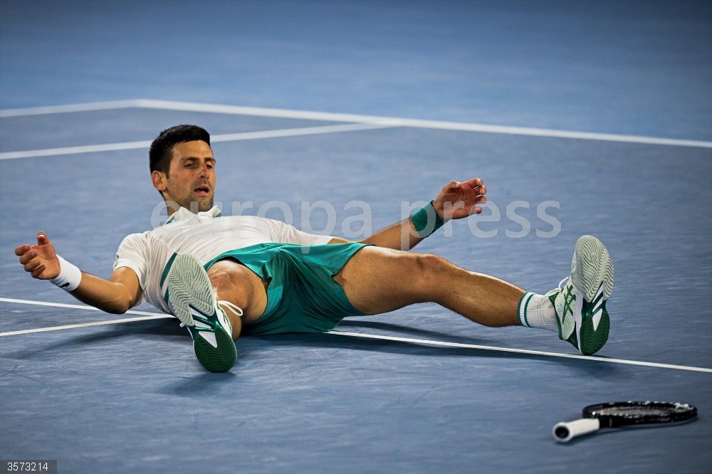 Novak Djokovic of Serbia celebrates after winning his Men's singles finals match against Daniil Medvedev of Russia on Day 14 of the Australian Open at Melbourne Park in Melbourne, Sunday, February 21, 2021. (AAP Image/Dean Lewins) NO ARCHIVING, EDITORIAL Novak Djokovic of Serbia celebrates after winning his Men's singles finals match against Daniil Medvedev of Russia on Day 14 of the Australian Open at Melbourne Park in Melbourne, Sunday, February 21, 2021. (AAP Image/Dean Lewins) NO ARCHIVING, EDITORIAL USE ONLY