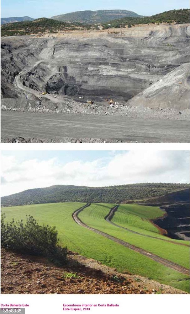 Imagen del antes (arriba) y del después (abajo) de la intervención de Endesa en la zona de la antigua mina de Espiel.