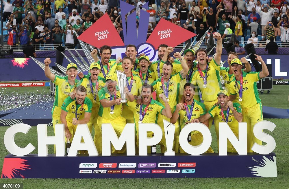 The Australian team celebrate after winning the ICC Men's T20 World Cup
