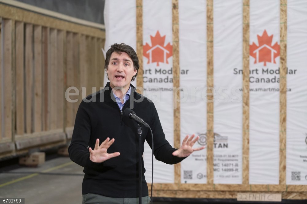 Canadian Prime Minister Justin Trudeau in Thunder Bay 29 February 2024, Canada, Thunder Bay: Canadian Prime Minister Justin Trudeau speaks during an event at Smart Modular Canada to announce 20.7 million dollars in federal funds for new homes to be built. Photo: David Jackson/Canadian Press via ZUMA Press/dpa
