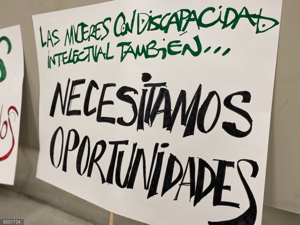 8M.- Plena Inclusión denuncia "múltiple e interseccional" discriminación que sufren mujeres con discapacidad intelectual Pancarta de Plena Inclusión Madrid con el lema 'Necesitamos oportunidades' con motivo del 8M.