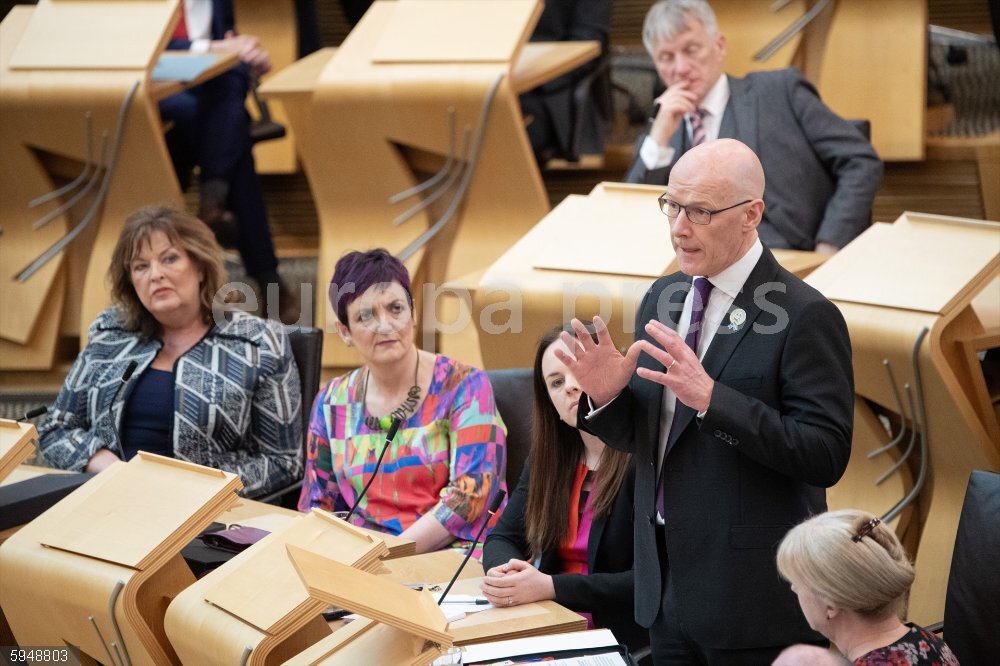 First Minister's Questions in Scotland 09 May 2024, United Kingdom, Edinburgh: First Minister of Scotland John Swinney (R) speaks during First Minster's Questions at the Scottish Parliament in Holyrood, Edinburgh. Photo: Lesley Martin/PA Wire/dpa