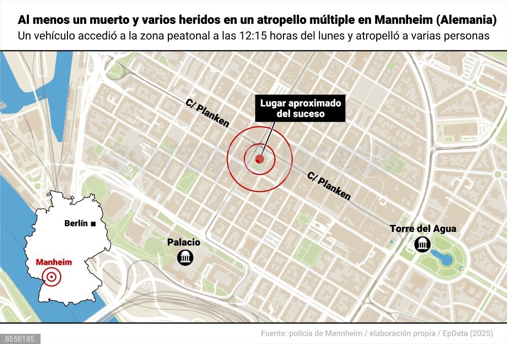 Al menos un muerto y varios heridos en un atropello múltiple en la ciudad alemana de Mannheim Infografía con localización del suceso en Mannheim (Alemania). La Policía de Alemania ha informado este lunes de que al menos una persona ha fallecido y varias más han resultado heridas víctima de un atropello múltiple en el centro de la ciudad de Mannheim, en el oeste del país, una zona donde las fuerzas de seguridad han desplegado un amplio dispositivo.