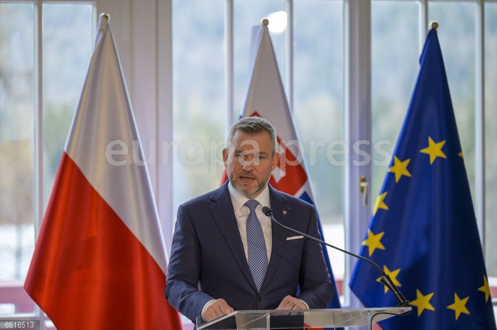 Polish President Andrzej Duda visits Slovakia 01 April 2025, Slovakia, Strbske Pleso: Slovak President Peter Pellegrini speaks during a press conference on the occasion of the farewell visit of the Polish President Andrzej Duda to Slovakia at Strbske Pleso. Photo: Veronika Mihaliková/TASR/dpa