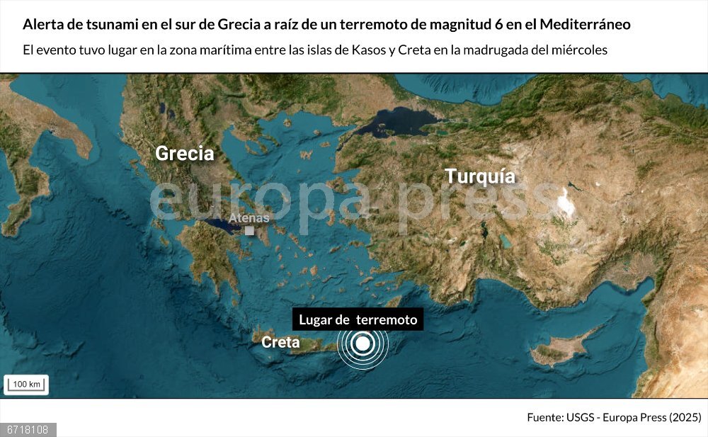 Alerta de tsunami en el sur de Grecia a raíz de un terremoto de magnitud 6 en el Mediterráneo Mapa con lugar del terremoto en el Mediterráneo. Las autoridades griegas han emitido una alerta de tsunami como medida de precaución ante la detección de un terremoto de magnitud 6 en la escala de Richter en la zona marítima entre las islas de Kasos y Creta en la madrugada de este miércoles.