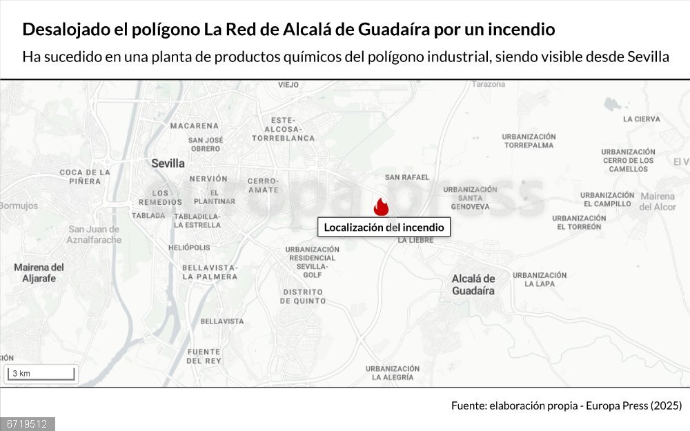 Desalojado el polígono La Red de Alcalá de Guadaíra por un incendio en una planta de químicos visible desde Sevilla Mapa con localización del incendio en Alcalá de Guadaíra. Los servicios de emergencias han resuelto el desalojo preventivo de las plantillas de los centros de trabajo del polígono La Red de Alcalá de Guadaíra (Sevilla), ante el gran incendio declarado a mediodía de este miércoles en una planta de productos químicos de dicho recinto, que ha levantado una enorme columna de humo y ha obligado a movilizar dotaciones de bomberos de ocho localidades, si bien de momento no constan heridos.