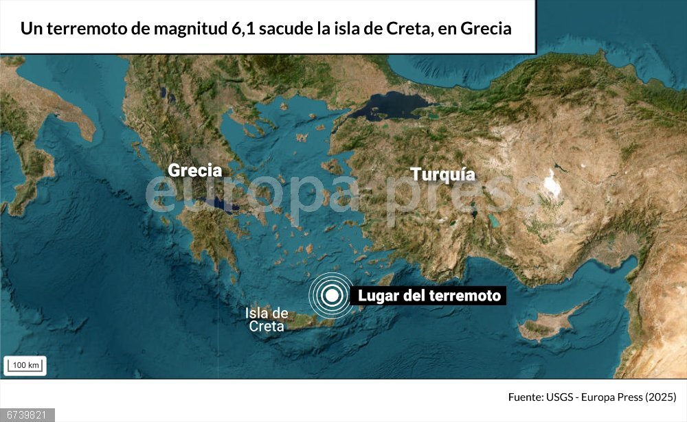 Un terremoto de magnitud 6,1 sacude la isla de Creta, en Grecia Mapa con el lugar del terremoto. Un terremoto de magnitud 6,1 en la escala abierta de Richter ha sacudido este jueves la isla griega de Creta, según ha indicado la Instituto de Geodinámica de Grecia, sin que por ahora haya informaciones sobre víctimas o daños materiales de relevancia.