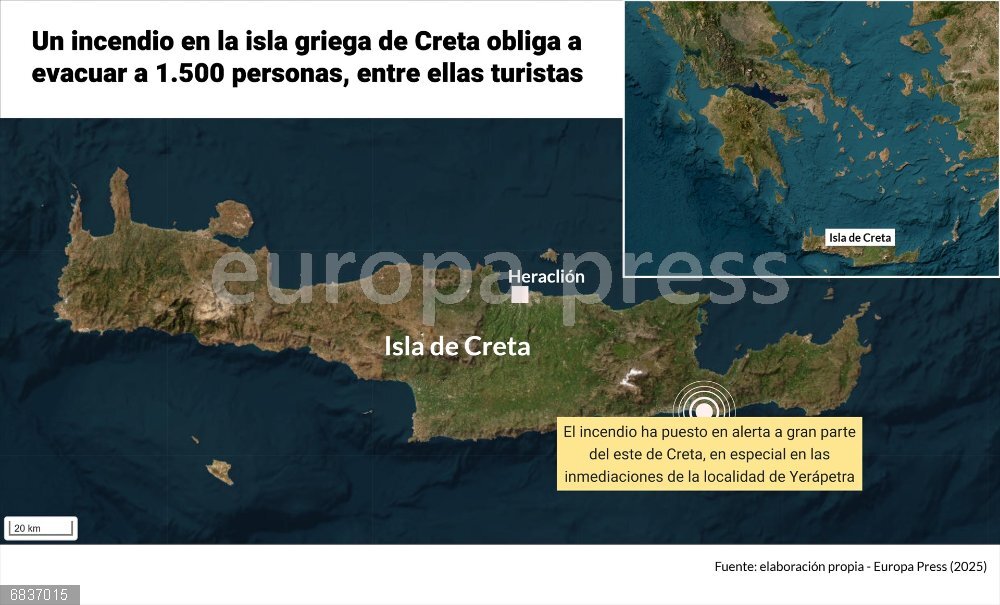 Un incendio en la isla griega de Creta obliga a evacuar a 1.500 personas, entre ellas turistas Mapa de situación del incendio de Creta. Unas 1.500 personas, tanto vecinos de la zona como turistas, han sido evacuadas en las últimas horas en la isla griega de Creta ante un voraz incendio que los servicios de emergencia no dan aún por controlado, pese a que la intervención de medios aéreos ha permitido al menos este jueves mejorar un poco la situación en los varios focos que siguen activos.