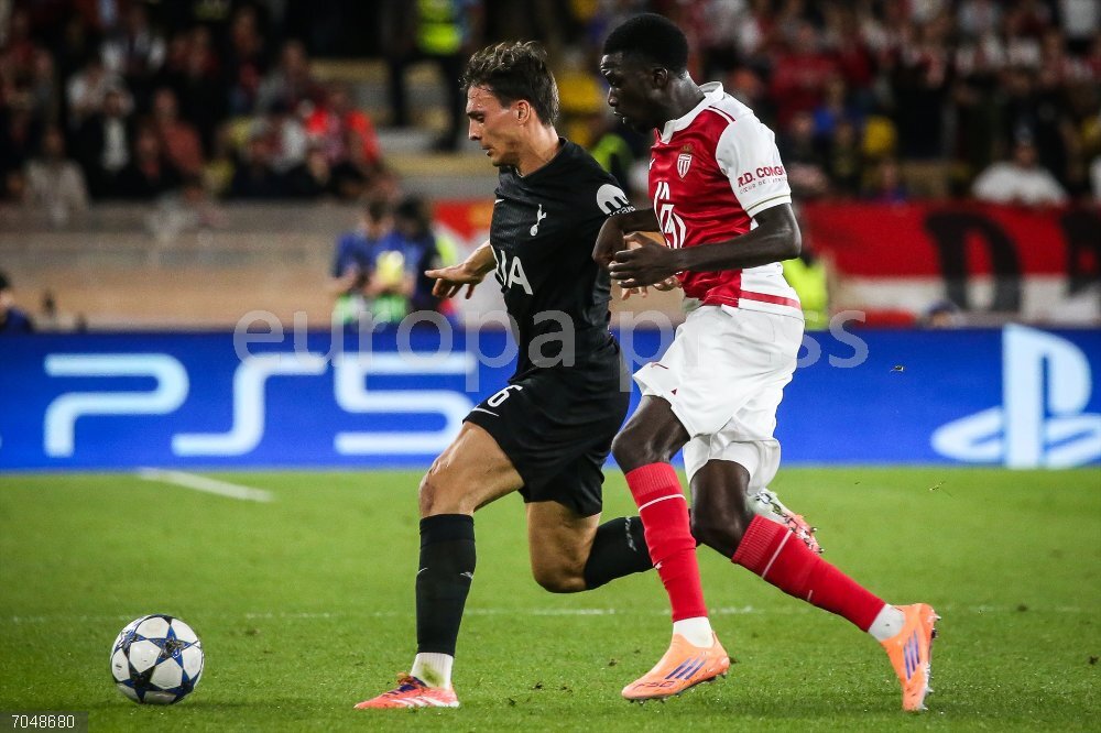 FOOTBALL - CHAMPIONS LEAGUE - MONACO v TOTTENHAM Joao PALHINHA of Tottenham Hotspur and Kassoum OUATTARA of Monaco during the UEFA Champions League, League phase, MD3 football match between AS Monaco and Tottenham Hotspur on 22 October 2025 at Louis II stadium in Monaco - Photo Matthieu Mirville / DPPI