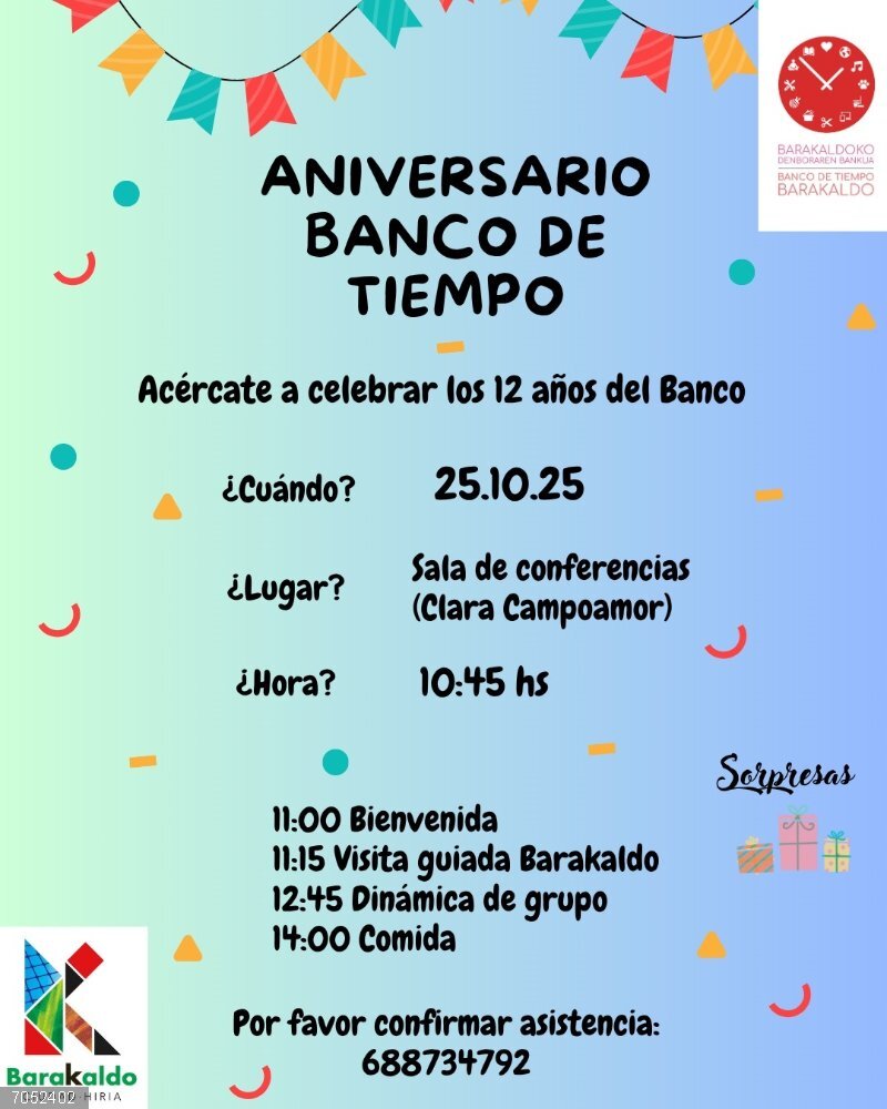 Barakaldo celebra el 12º aniversario del Banco del Tiempo con una jornada comunitaria este sábado Cartel del aniversario del Banco del Tiempo de Barakaldo.