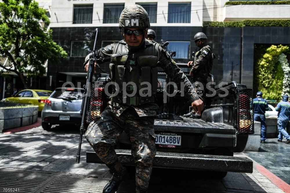 Guatemalans Protest '3rd Safe Country' Accord July 31, 2019, Guatemala City, Guatemala, Guatemala: Military police arrive as Guatemalans protest the ''3rd safe country'' agreement between Guatemalan president Jimmy Morales and the Trump administration in front of the Westin Camino Real hotel in downtown Guatemala City Tuesday.  Lawmakers -convening in the hotel as Congress is undergoing renovation- were expected to vote on the accord but didn't due to lack of quorum. ''it will pass eventually, we ca not fight the empire'', said one congressman, referring to the U.S.