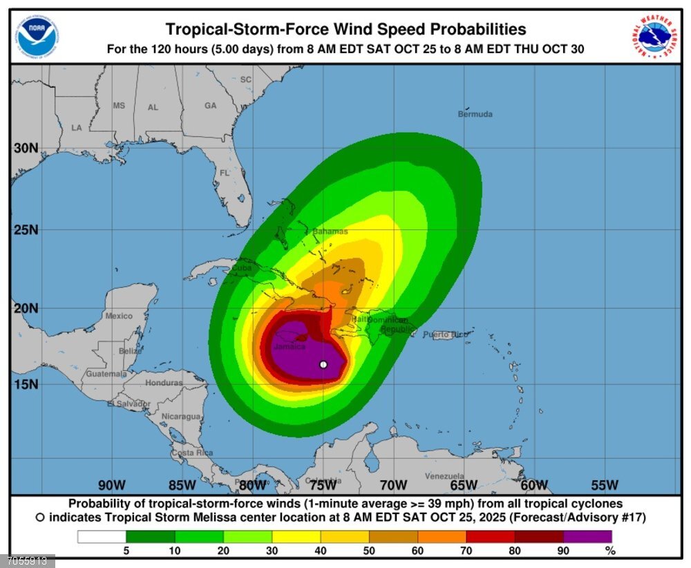 Cuba, Jamaica y La Española se preparan para el impacto de la tormenta 'Melissa', ya convertida en huracán Mapa con la proyección de vientos del huracán 'Melissa'