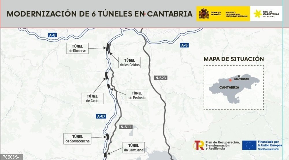 Obras en túneles provocarán esta semana cortes en la A-67 en Arenas de Iguña, Cieza y Los Corrales de Buelna Mapa de las obras de modernización de seis túneles de Cantabria