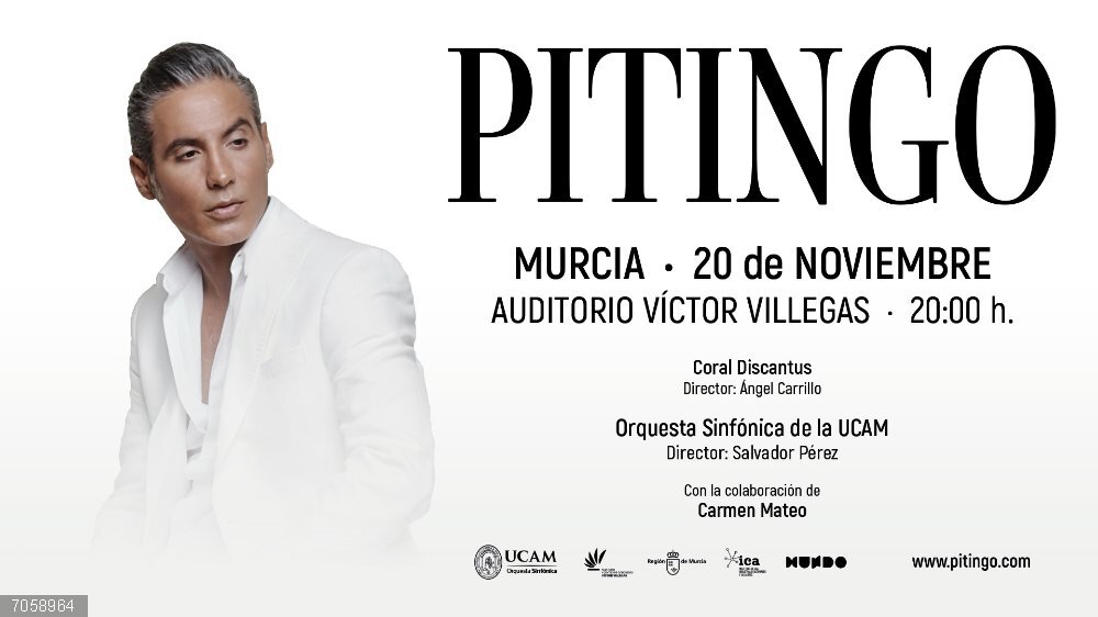 Pitingo actuará en el Auditorio Víctor Villegas junto a la Orquesta Sinfónica de la UCAM y la Coral Discantus Cartel del concierto de Pitingo junto a la Orquesta Sinfónica de la UCAM y la Coral Discantus