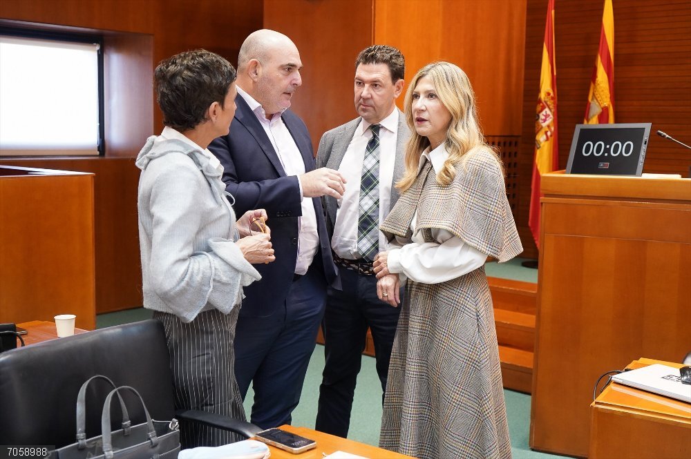 Vaquero ve falta de voluntad del Gobierno de España para hacer inversiones que permitan aprovechar la energía en Aragón La vicepresidenta del Gobierno de Aragón, Mar Vaquero, habla con varios diputados del PP.