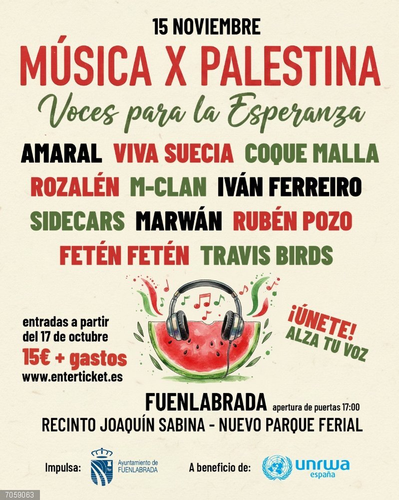 Amaral, Viva Suecia, Coque Malla y Sidecars se sumarán al cartel del concierto solidario 'Música X Palestina - Voces para la Esperanza', impulsado por Fuenlabrada y que tendrá lugar el próximo día 15 de noviembre en el recinto Joaquín Sabina Amaral, Viva Suecia, Coque Malla y Sidecars se sumarán al cartel del concierto solidario 'Música X Palestina - Voces para la Esperanza', impulsado por Fuenlabrada y que tendrá lugar el próximo día 15 de noviembre en el recinto Joaquín Sabina