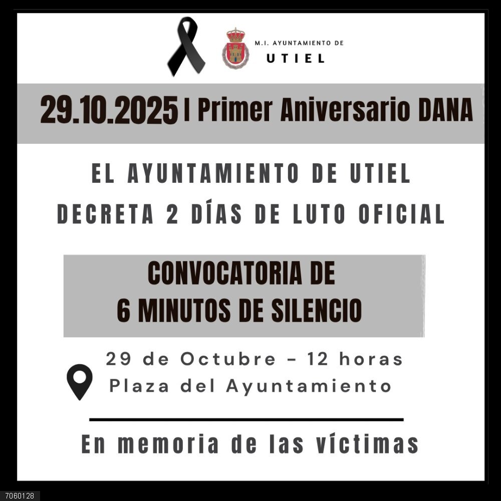 Valencia.- Utiel decreta dos días de luto oficial y seis minutos de silencio con motivo del aniversario de la dana Utiel decreta dos días de luto oficial y seis minutos de silencio con motivo del aniversario de la dana