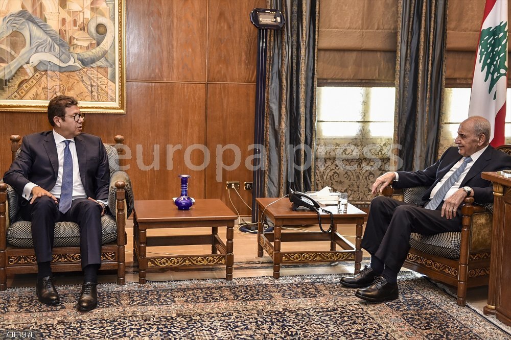 Director of Egypt's General Intelligence Directorate in Beirut HANDOUT - 28 October 2025, Lebanon, Beirut: Nabih Berri (R), Speaker of the Lebanese Parliament, attends a meeting with Hassan Rashad, Director of Egypt's General Intelligence Directorate. Photo: -/Lebanese Parliament/dpa - ATTENTION: editorial use only and only if the credit mentioned above is referenced in full