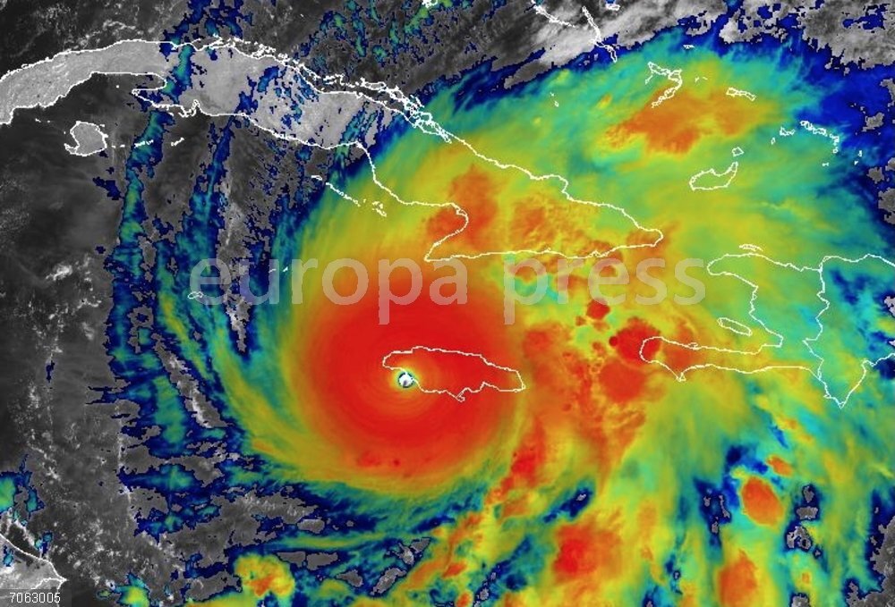Hurricane Melissa: Approaches Jamaica: 2025 Strongest Storm October 28, 2025, Caribbean Sea, Jamaica: The NOAA NESDIS GOES-19 satellite image showing Hurricane Melissa, a category 5 storm making landfall on the island of Jamaica at 1010 GMT, October 28, 2025 in the Caribbean Sea. Melissa is packing winds of 175-mph and will be the strongest storm to ever hit Jamaica.