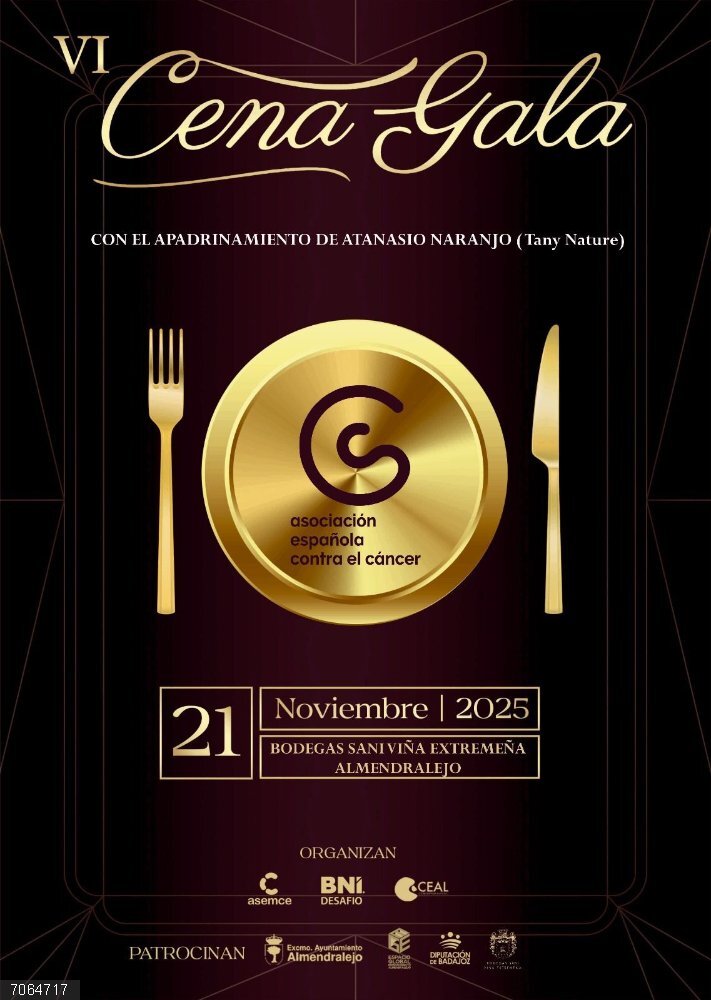 La VI Cena de Gala Empresarial Solidaria en Almendralejo destinará su recaudación a la Asociación contra el Cáncer Cartel de la cena de gala
