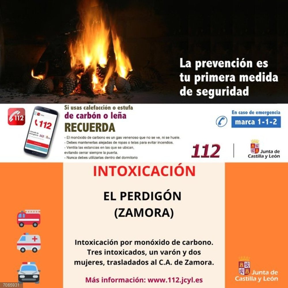 Sucesos.- Tres intoxicados por monóxido de carbono producida en un brasero en una vivienda en El Perdigón (Zamora) Gráfico elaborado por el 112 con datos de los tres intoxicados por monóxido de carbono en una vivienda de El Perdigón