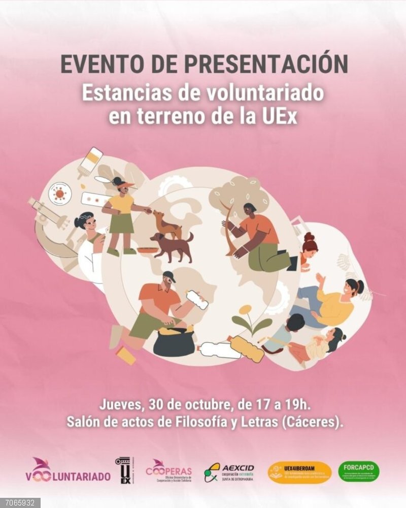 La Oficina de Cooperación de la UEx presenta en Cáceres su experiencia en Benín, El Salvador, Bolivia y Paraguay Cartel del programa de voluntariado de la Oficina de Cooperación de la UEx