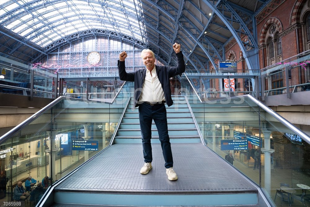 Virgin Trains international services 30 October 2025, United Kingdom, London: An undated photo issued by Virgin Trains of Richard Branson reacting at St Pancras International station. Virgin Trains is set to launch international services through the Channel Tunnel after its application to share Eurostar's east London depot was approved. Photo: Virgin Trains/PA Media/dpa