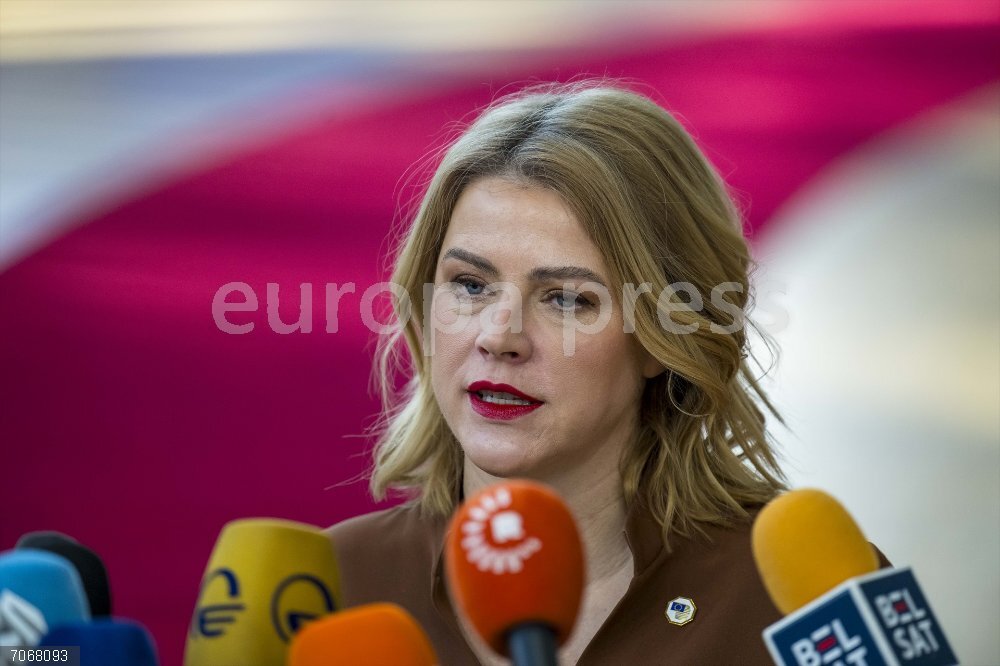 Letonia.- El Parlamento de Letonia aprueba su salida del Convenio de Estambul sobre violencia contra las mujeres March 6, 2025, Brussels, Bxl, Belgium: EVIKA SILINA, Prime Minister of Latvia talks to the press prior to European Union Summit at European Council headquarters in Brussels, to discuss further support for Ukraine and strengthening European defense capabilities. The summit focuses on military aid, increasing ammunition production, and enhancing the EU's strategic autonomy in security and defense.