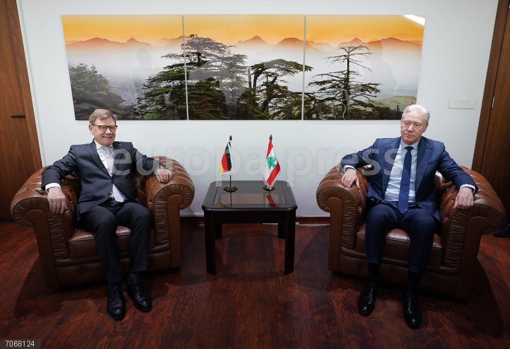 Foreign Minister Wadephul visits Lebanon 31 October 2025, Lebanon, Beirut: Johann Wadephul (L), German Minister for Foreign Affairs, sits next to his Lebanese counterpart Jussef Radschi before a meeting. The focus of Foreign Minister Wadephul's trip is the further implementation of US President Trump's Gaza peace plan. Photo: Marcus Brandt/dpa