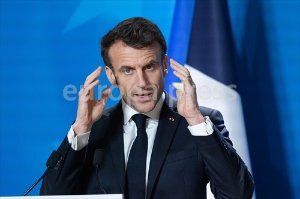 Emmanuel Macron President of France at a Press Conference in Brussels, Belgium - 10 Feb 2023