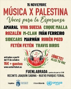 Amaral, Viva Suecia, Coque Malla y Sidecars se sumarán al cartel del concierto solidario 'Música X Palestina - Voces para la Esperanza', impulsado por Fuenlabrada y que tendrá lugar el próximo día 15 de noviembre en el recinto Joaquín Sabina